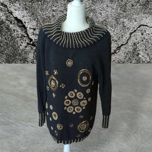 Vtg 80s black knit gold beads "Dynasty" style cotton tunic cowl sweater sz S - Picture 12 of 16